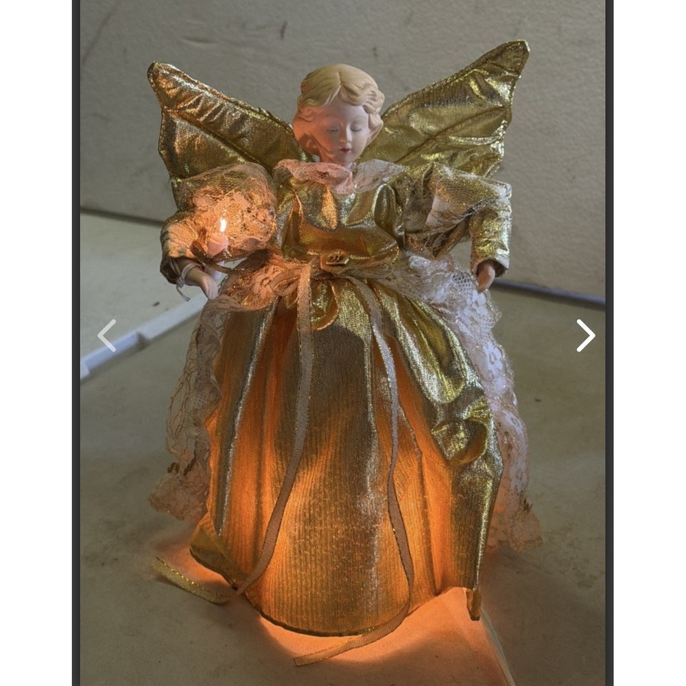 Vintage Christmas 10" Table / Tree Topper Lighted Angel lights  Gold  dress K-1